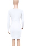 White V-Neck Ruched Wrap Hem Long Sleeve Skinny Dress