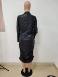 Black Long Sleeves Zipper Collar Ruched Tight Dress
