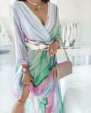 Multicolor Chiffon Long Sleeve V-Neck Wrap Irregular Midi Dress