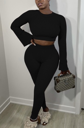 Black Ribbed Long Flare Sleeve Crop Top and Sheath Pant 2 Piece Set