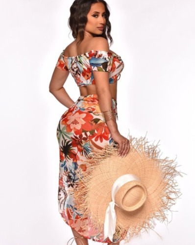 Floral Off Shoulder Knotted Crop Top and Asymmetric Long Skirt Two Piece Set