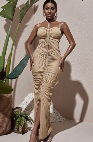 Khaki Ruched Cut Out Backless Cami Maxi Dress