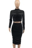 Black Ruched Long Sleeve Turtleneck Crop Top and Tight Skirt Two Piece Set