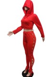 Red Hoody Pocket Lace-up Crop Top and Matching Pants Two Piece Set