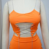 Orange Hollow Out Chain Up Cami Crop Top and Skirt Two Piece Set