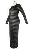Plus Size Black Stripes  See Through Maxi Bodycon Dress