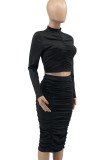 Black Ruched Long Sleeve Turtleneck Crop Top and Tight Skirt Two Piece Set