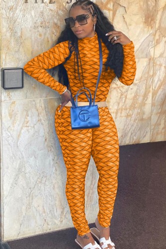 All Over Print Orange Long sleeve Crop Top and Pants Set