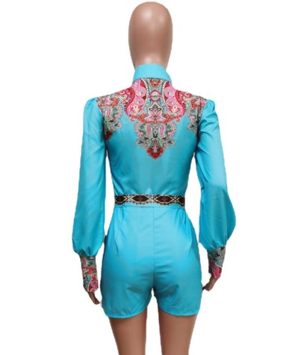 Floral Long Sleeve Button Up Blue Blouse Jumpsuit with Belt