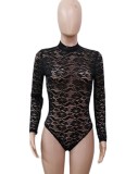 Black See Through Rose Lace Long Sleeve Bodysuit and High Waist Pants Two Piece Set