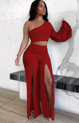 Red One shoulder Long Sleeve Crop Top and High Slit Pant Two Piece Outfits