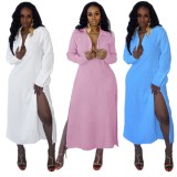 Pink Long Sleeve Button Up Split Long Blouse Dress