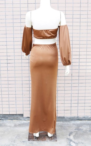 Brown Off Shoulder Bandeau Top and Irregular Maxi Skirt Two Piece Set