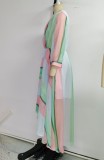 Multicolor Chiffon Long Sleeve V-Neck Wrap Irregular Midi Dress