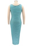 Plus Size Blue Sleeveless Sripe Maxi Tank Dress with Matching Belt