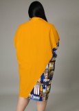 Plus Size Print Orange Patchwork Button Open Blouse Dress