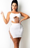 White Hollow Out Chain Up Cami Crop Top and Skirt Two Piece Set