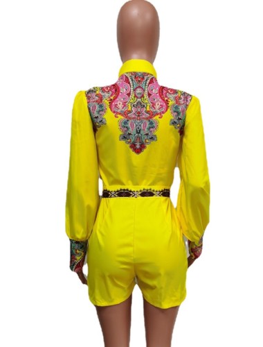 Floral Long Sleeve Button Up Yellow Blouse Jumpsuit with Belt