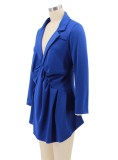 Blue Turndown Collar Long sleeve Ruched Irregular Mini Dress