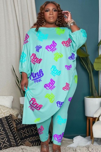 Plus Size Blue Letter Print 3/4 Sleeve Irregular Long Shirt and Pant Two Piece Set