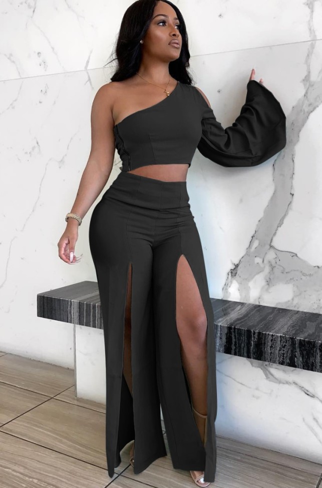 Black One shoulder Long Sleeve Crop Top and High Slit Pant Two Piece Outfits