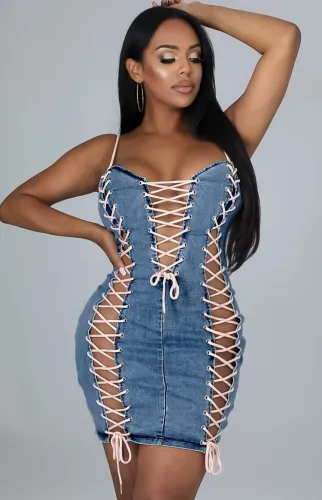 Lace-Up Blue Denim Cami Mini Slinky Dress