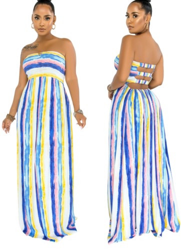 Multicolor Stripes Printed Strapless Maxi Dress
