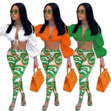 Orange Puff Sleeve Crop Top and Print Tight Leggings Two Piece Set