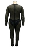 Plus Size Black Beaded Long Sleeves See Through Bodycon Jumpsuit