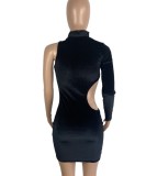 Black Cut Out One Shoulder Velvet Slinky Mini Dress