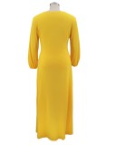 Plus Size Yellow High Slit V-Neck Long Sleeves Hole Maxi Dress