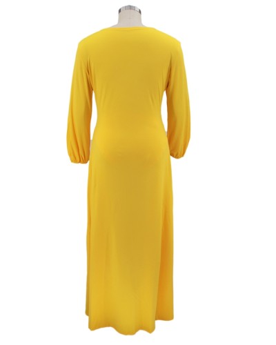 Plus Size Yellow High Slit V-Neck Long Sleeves Hole Maxi Dress