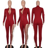 Red Zipper Up Long Sleeve Chain Stand Collar Hollow Out Bodycon Jumpsuit