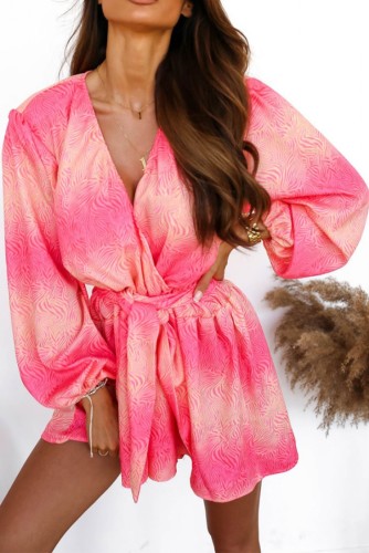 Pink Puff Long Sleeve V-Neck Wrap Loose Romper with Matching Belt