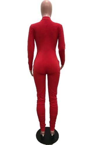 Red Zipper Up Long Sleeves Slim Fit Jumpsuit