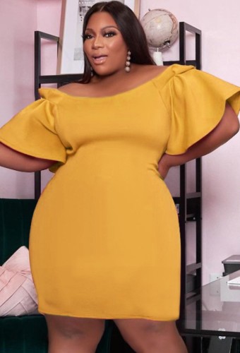 Yellow Off Shoulder Wide Short Sleeves Fitted Dress