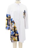 Plus Size Print White Patchwork Button Open Blouse Dress