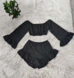 Black Off Shoulder Crop Top and Wave Hem Shorts Two Piece Set