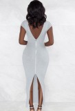 Gray V-Neck Short Sleeve Slit Bodycon Maxi Dress