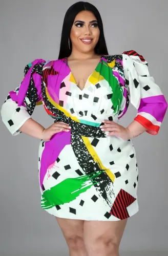 Plus Size Print Bubble Sleeve V-Neck Mini Dress