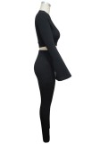 Black Ribbed Long Flare Sleeve Crop Top and Sheath Pant 2 Piece Set