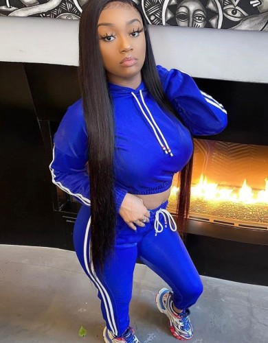 Blue Piping Hoody Long Sleeve Crop Top and Drawstring Pant Two Piece Set