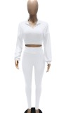 White Long Sleeve Zipper Collar Crop Top and High Waist Pant Two Piece Set
