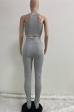 Grey Sleeveless Crop Top and High Waist Pant Two Piece Outfits
