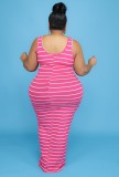 Plus Size Pink Sleeveless Sripe Maxi Tank Dress with Matching Belt