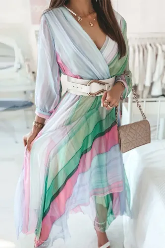 Multicolor Chiffon Long Sleeve V-Neck Wrap Irregular Midi Dress