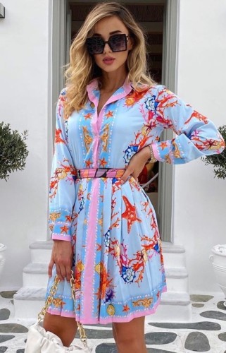 Retro Print Button Long Sleeves Blouse Dress with Belt