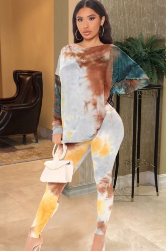 Tie Dye Long Sleeve Top and Sheath Pant Two Piece Set