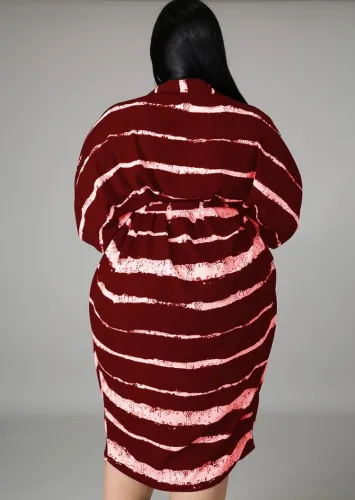 Plus Size Red Striped Bat Sleeves Button Up Loose Long Dress