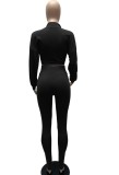 Black Long Sleeve Zipper Collar Crop Top and High Waist Pant Two Piece Set